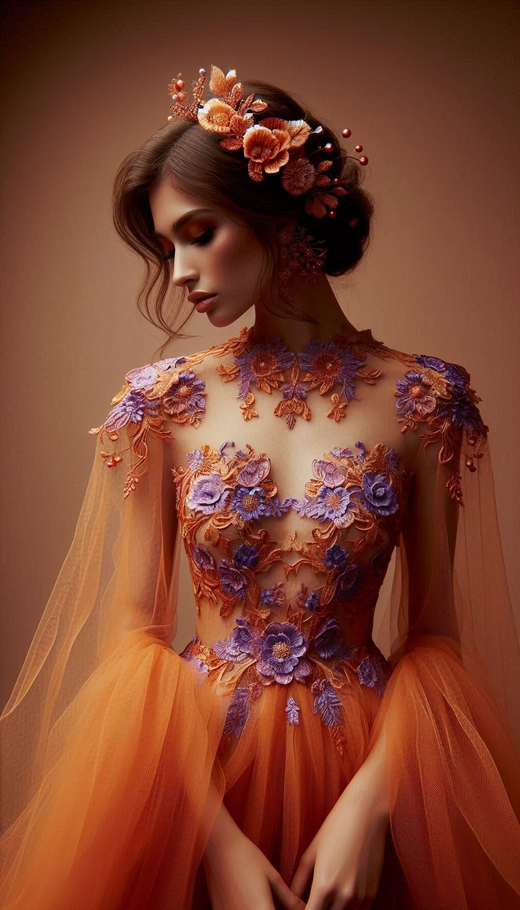 Orange meets violet in this floral lace embroidered dress. A captivating choice for those who love to make a statement with their style!
