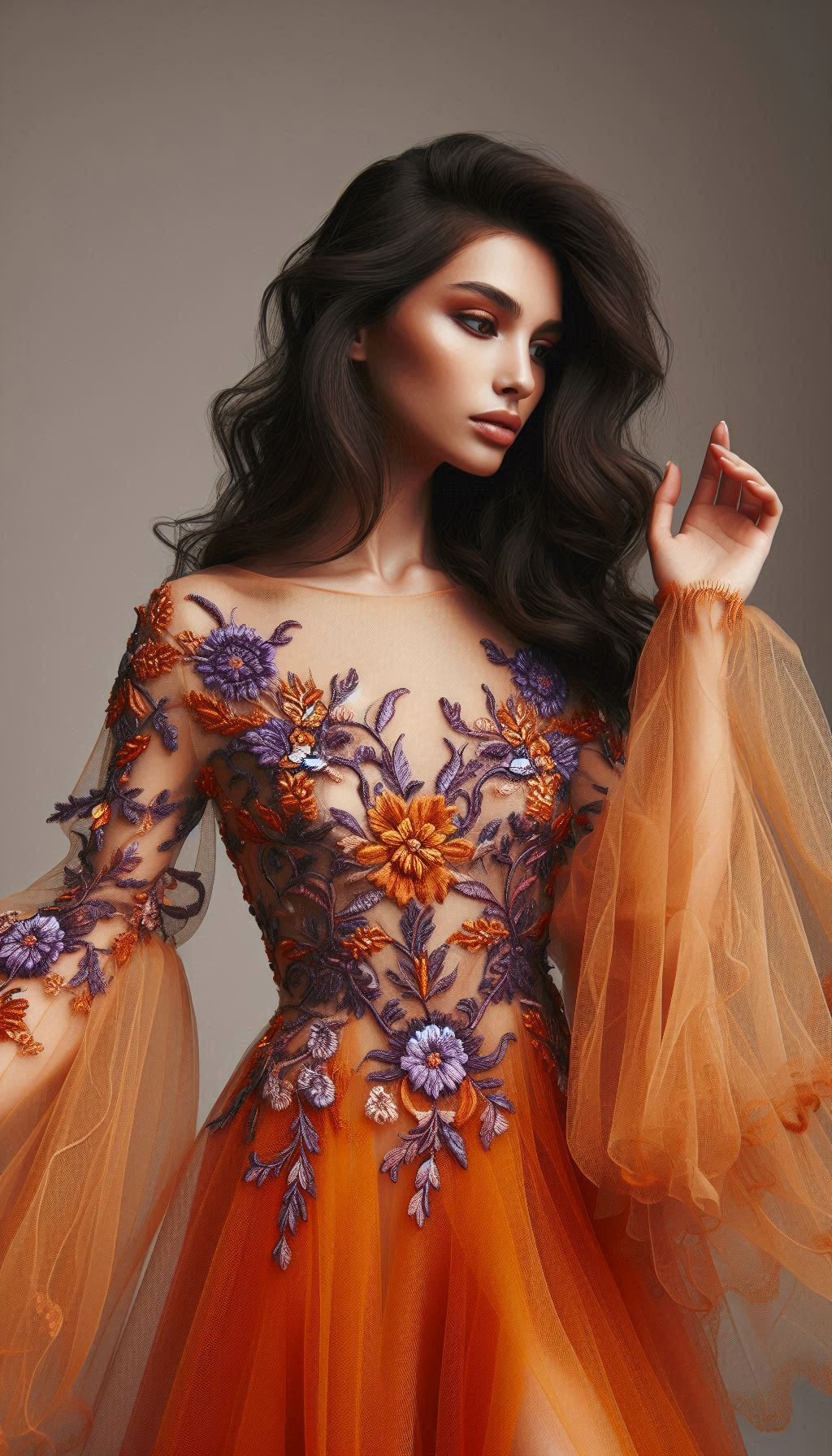 Turn heads with this orange dress, beautifully embellished with violet floral lace embroidery. A show-stopping piece for any fashion-forward wardrobe!
