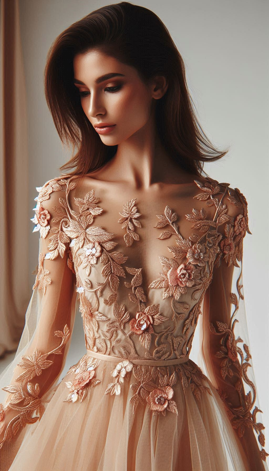 Peach floral lace embroidery creates a dress that's pure magic. Ideal for adding a touch of sophistication and charm to your look.