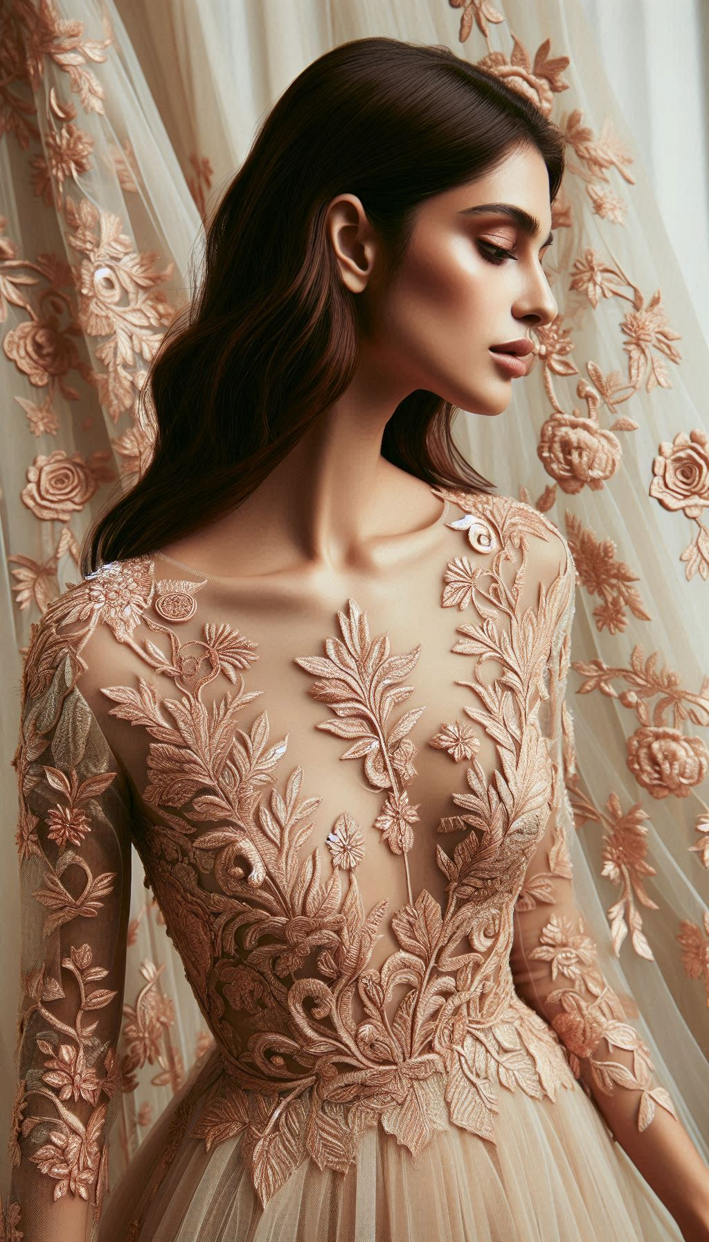 Turn heads with this peach floral lace embroidered dress. The perfect combination of elegance and charm for any special event.