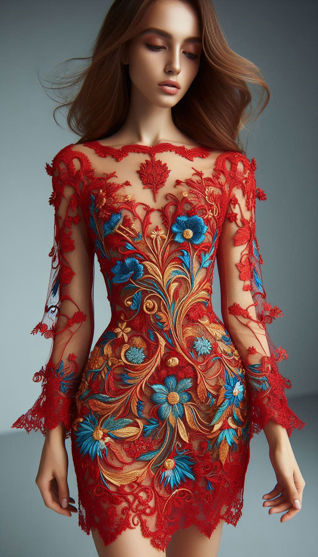 Make a vibrant entrance with this red dress adorned with blue floral lace embroidery! A striking combination of bold colors that's perfect for any special occasion.