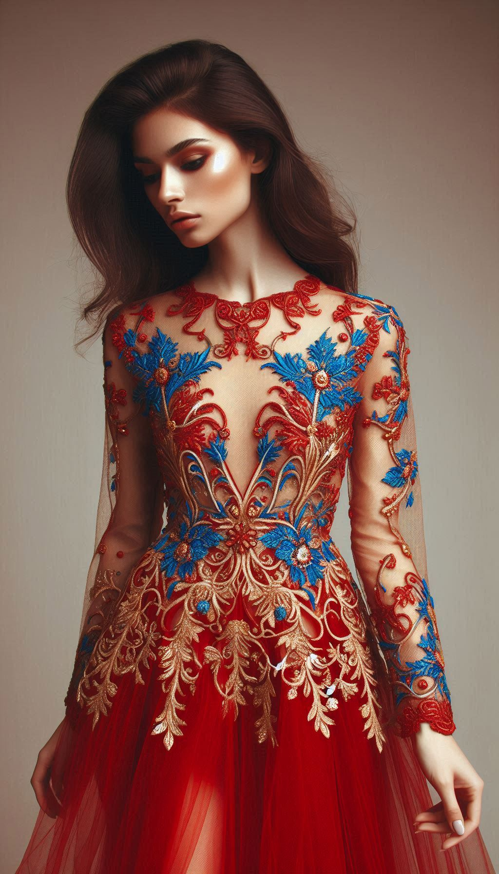 Red and blue make the perfect pair in this floral lace embroidered dress. Ready to dazzle with this captivating blend of elegance and charm?