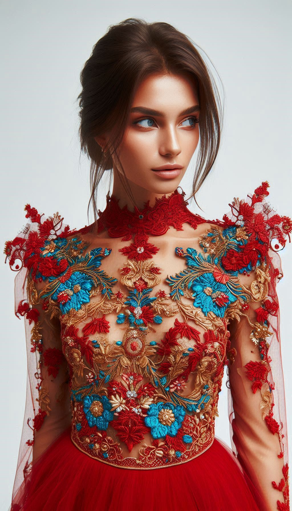 Step into a world of bold beauty with this red dress featuring intricate blue floral lace embroidery. A unique and eye-catching choice for any event!