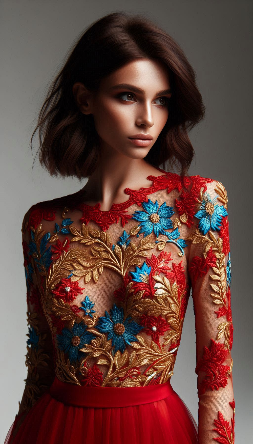 Elevate your wardrobe with this red dress, beautifully detailed with blue floral lace embroidery. A stunning choice for those who love to make a statement!