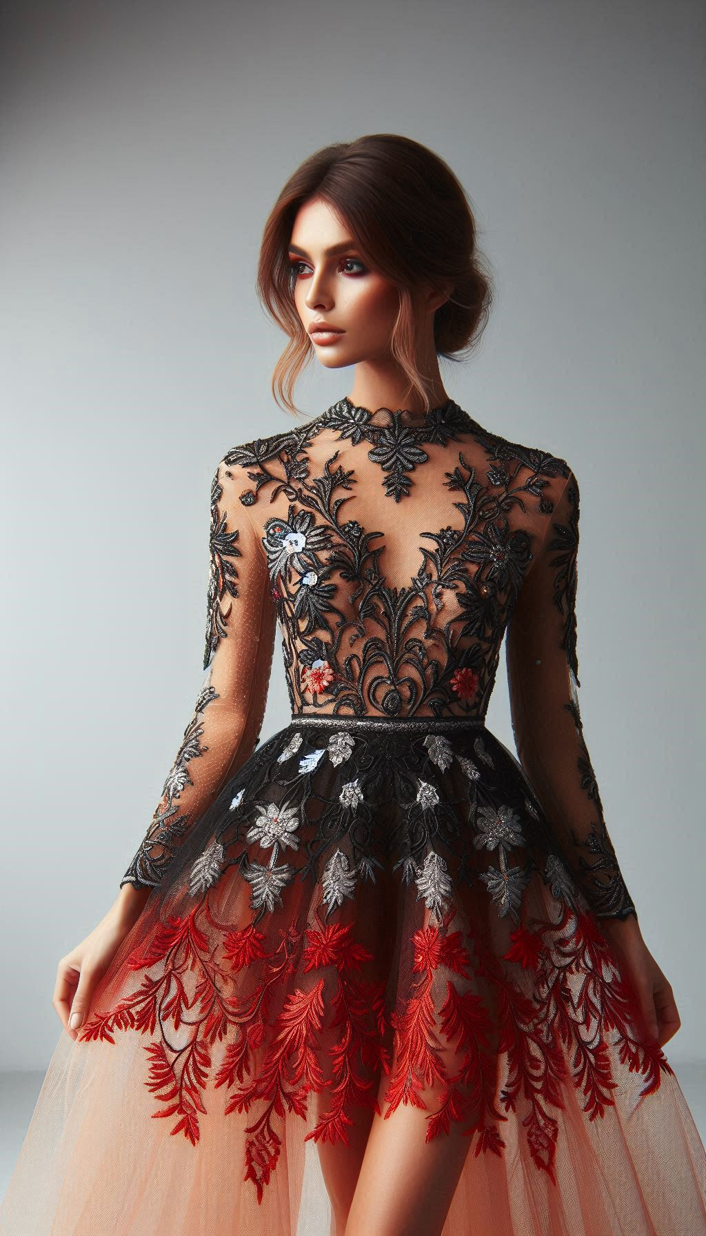 Make a dramatic entrance with this red and black floral lace embroidered dress! Perfect for any elegant occasion, it's a striking blend of bold and beautiful.