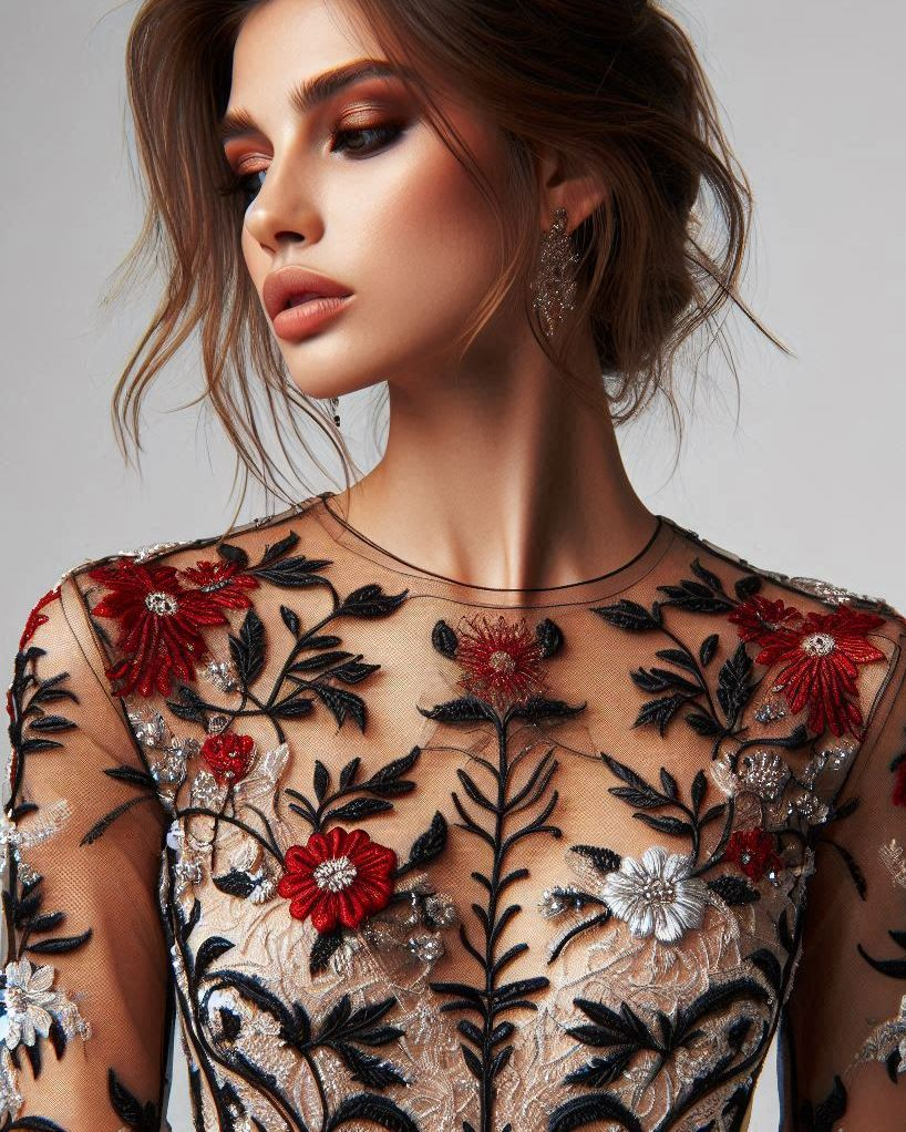 Step into the spotlight with this red and black floral lace embroidered dress. The perfect choice for those who love to make a bold statement!