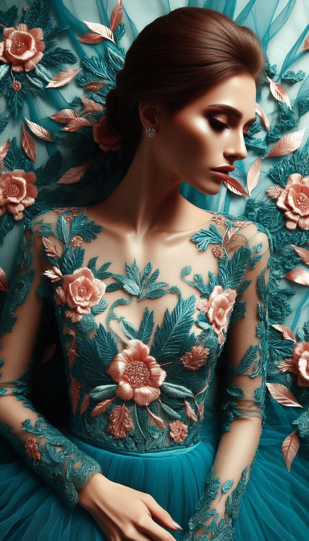 Step into elegance with this teal dress adorned with pink floral lace embroidery. A captivating blend of colors that’s perfect for any occasion!