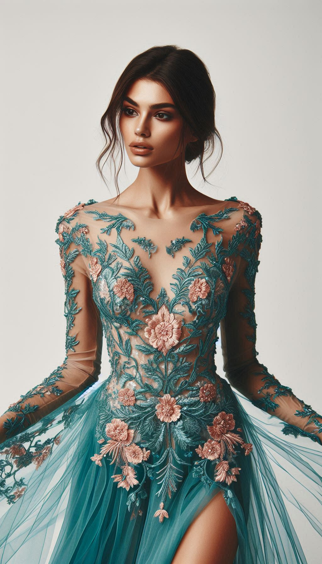 Teal meets pink in this floral lace embroidered dress. A captivating choice for those who love to make a stylish statement!