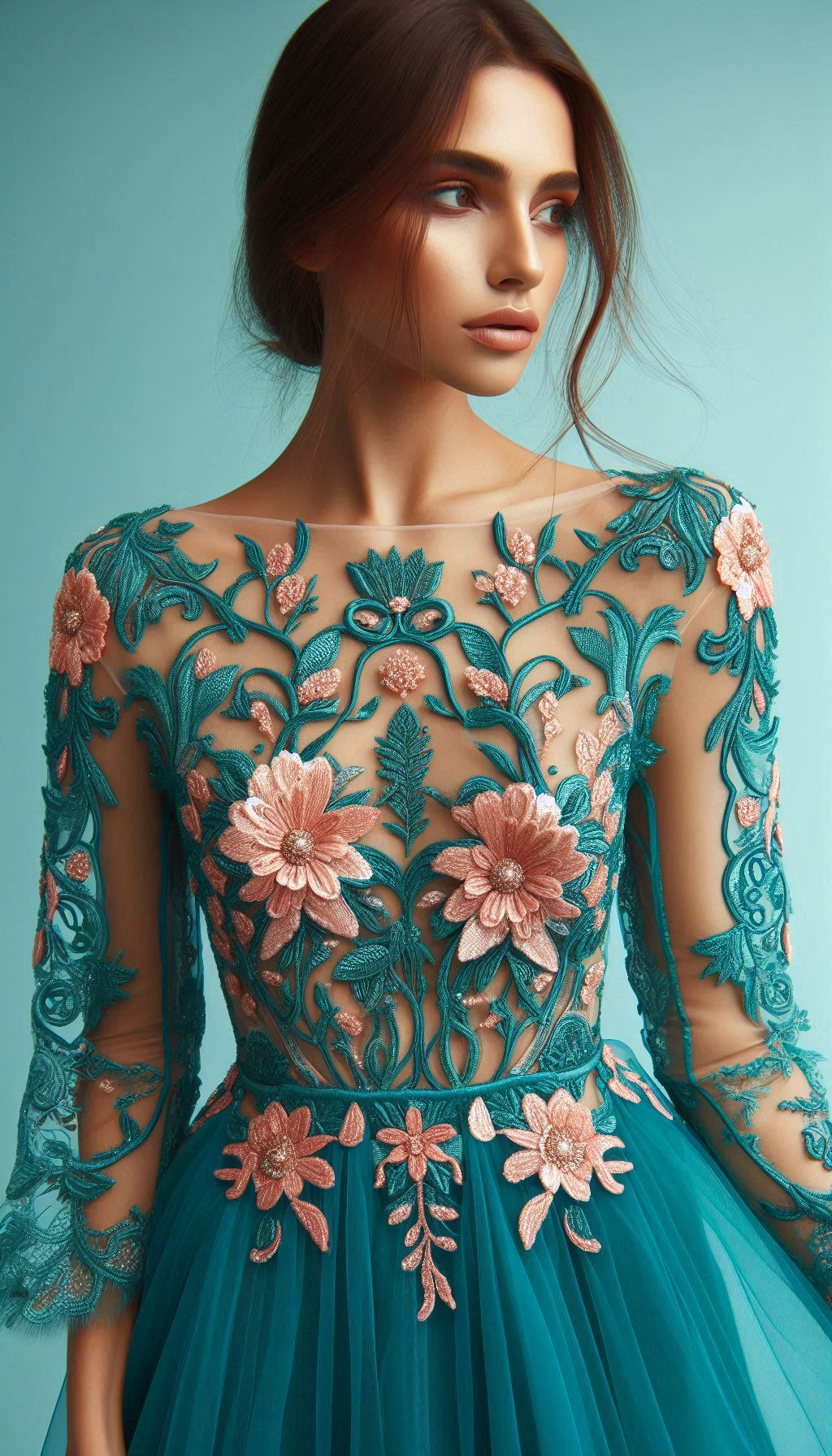 Step out in style with this teal dress adorned with pink floral lace embroidery. A beautiful and elegant choice for any event!