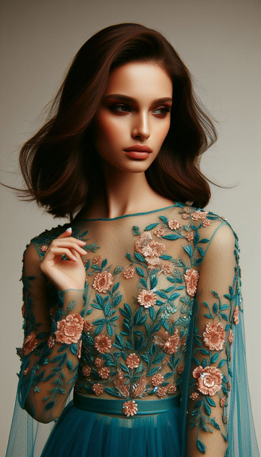 Step into elegance with this teal dress adorned with pink floral lace embroidery. A captivating blend of colors that’s perfect for any occasion!