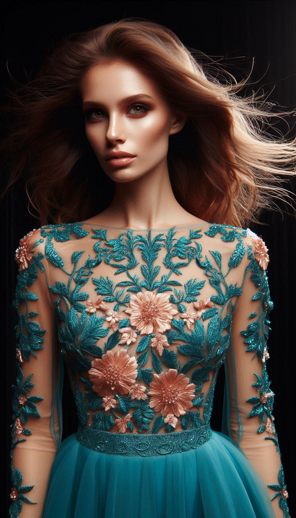 Turn heads with this teal dress featuring delicate pink floral lace embroidery. A perfect blend of sophistication and charm!