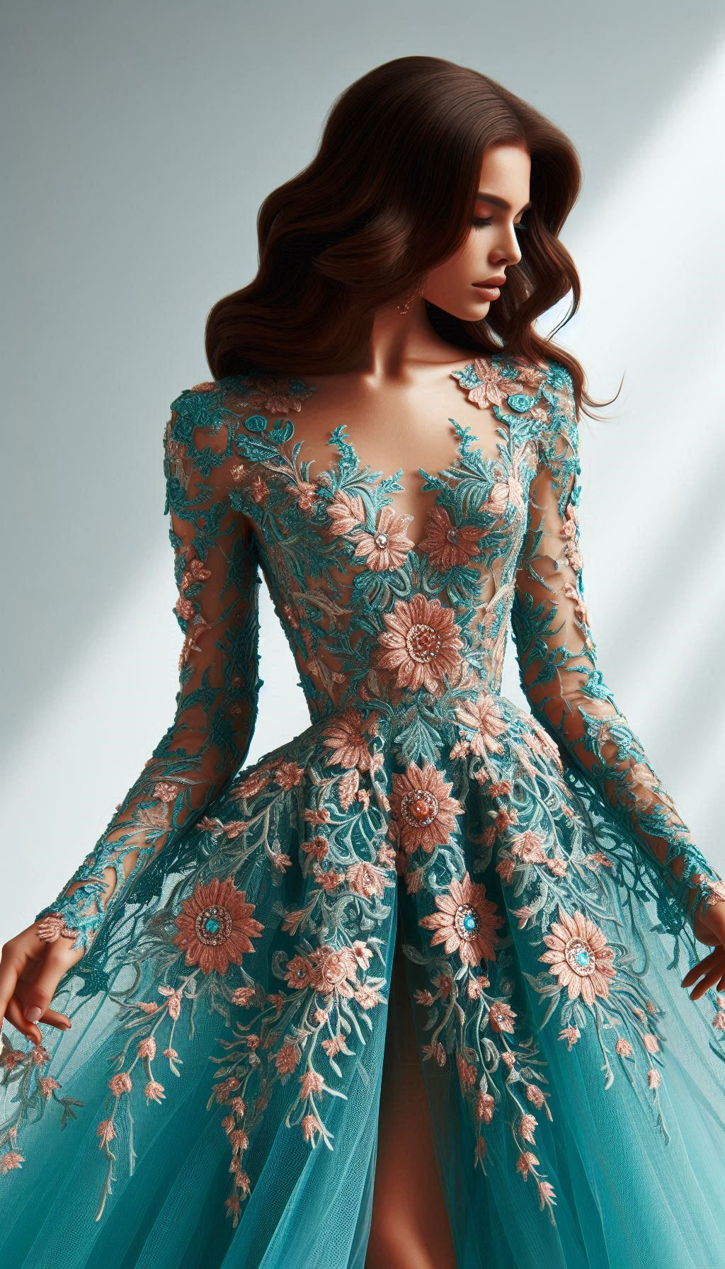 Turn up the charm with this teal dress, beautifully embellished with pink floral lace embroidery. A show-stopping piece for any fashion-forward wardrobe!