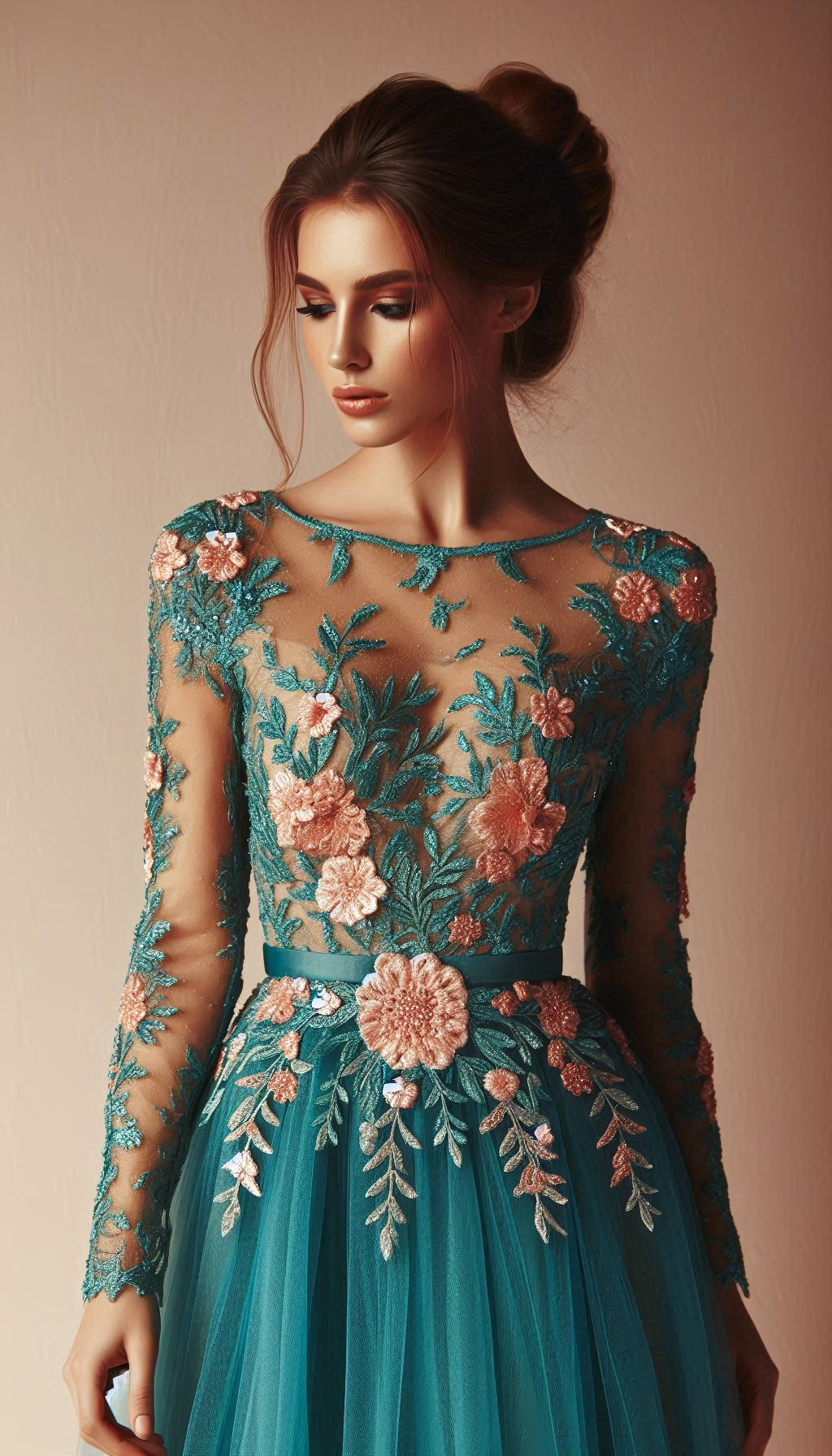 Ready to make a bold statement? This teal dress with pink floral lace embroidery is your ticket to a standout look.
