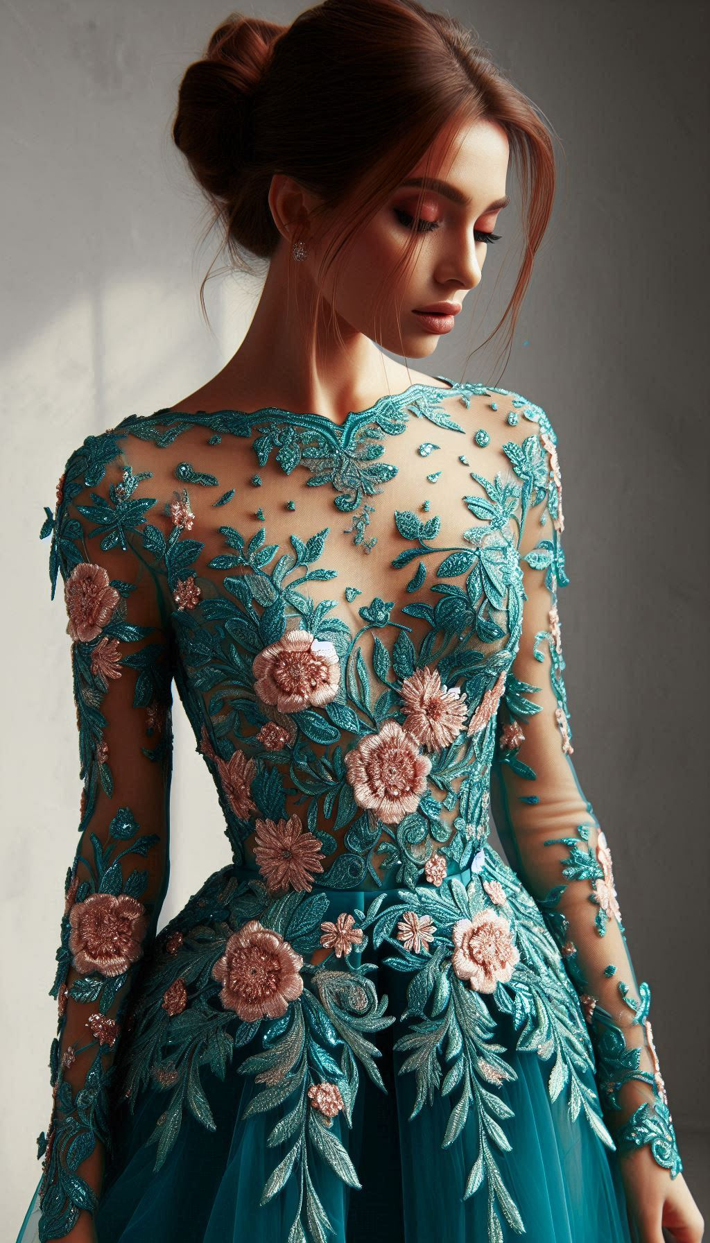 Make a graceful entrance with this teal dress adorned with pink floral lace embroidery. Perfect for adding a touch of whimsy to your look!