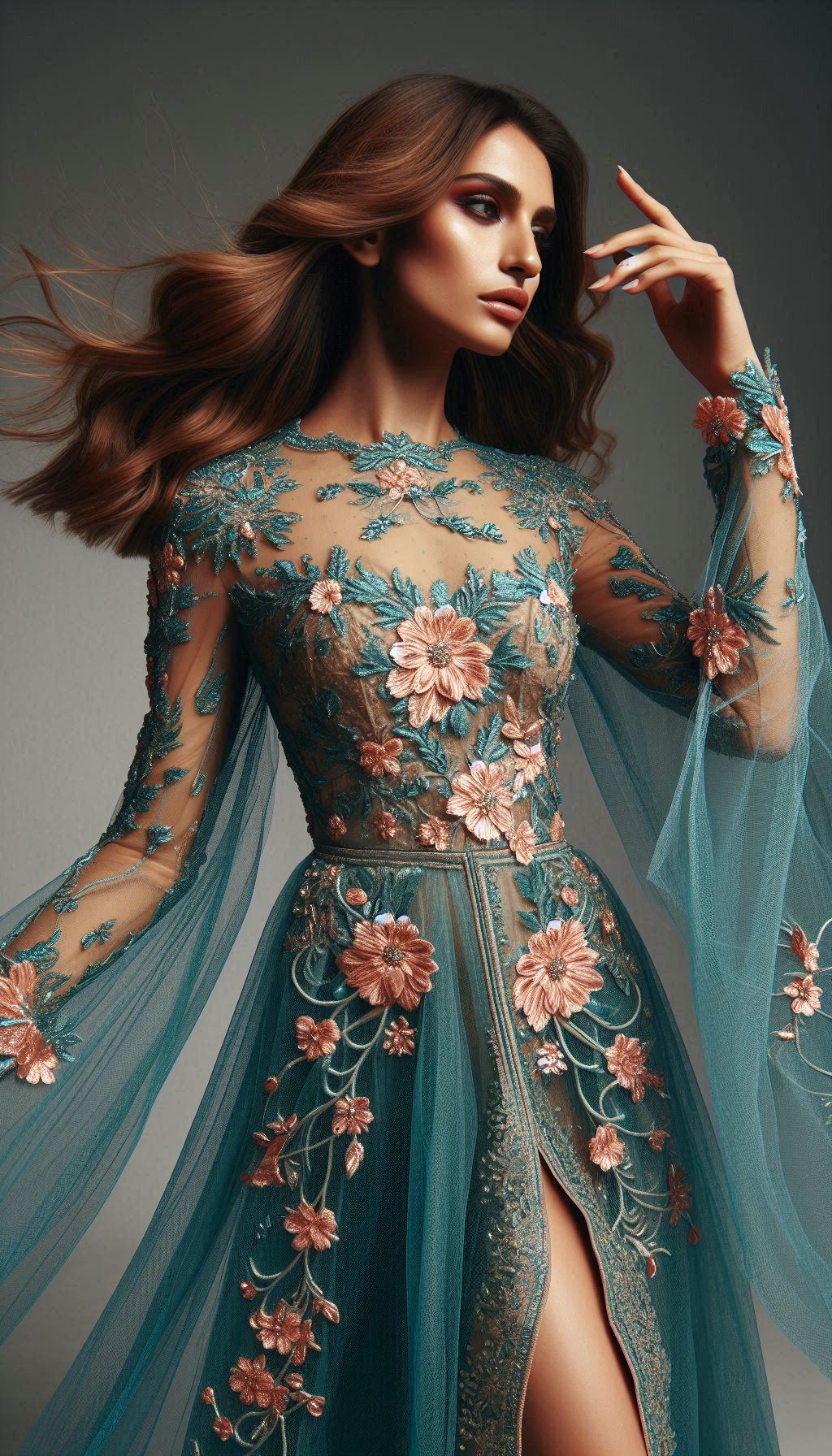 Turn up the charm with this teal dress, beautifully embellished with pink floral lace embroidery. A show-stopping piece for any fashion-forward wardrobe!