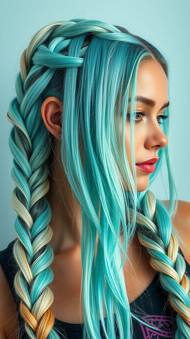 Transform your tresses into aquatic elegance! Aqua-colored braids bring a cool, adventurous vibe to your style.