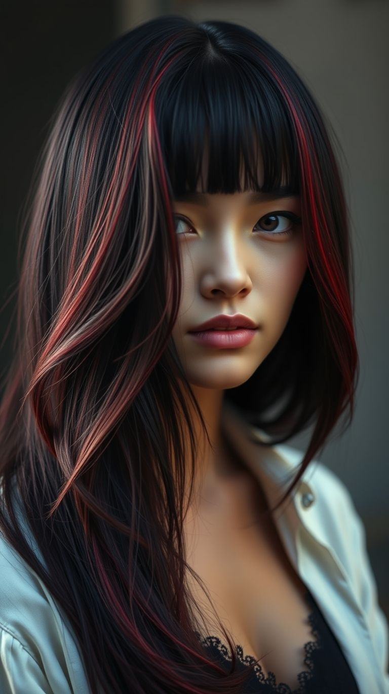 Sultry and bold! Black hair with red highlights is the ultimate statement of edgy elegance. Perfect for those who love their look to turn heads and spark intrigue.