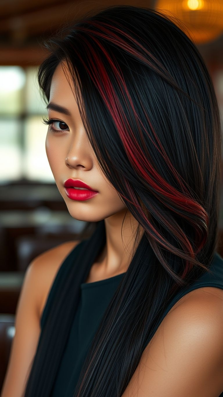 Add a touch of fire to your sleek black locks with striking red highlights! A dramatic color combo that’s equal parts daring and dazzling.