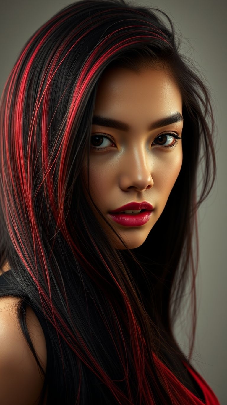 Who says black is basic? Red highlights bring fiery flair to long, luscious black hair, creating a look that’s impossible to ignore.