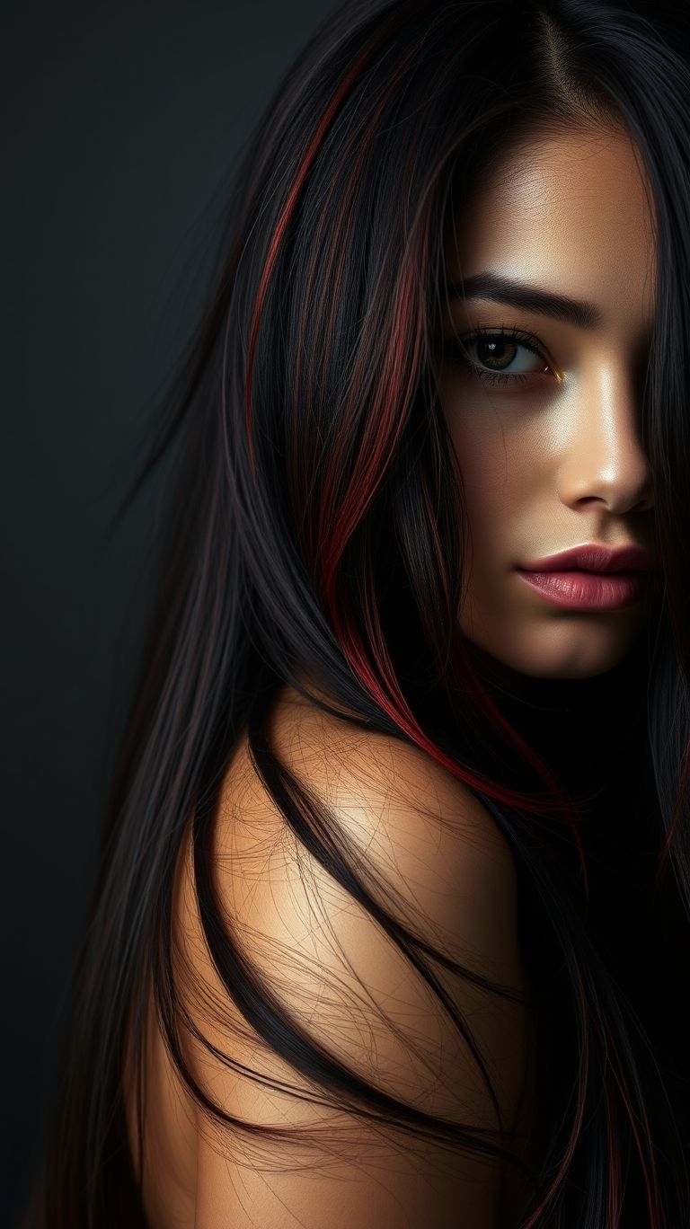 Dark and mysterious with a spark of passion! Black hair paired with vivid red highlights is the perfect way to channel fierce sophistication.