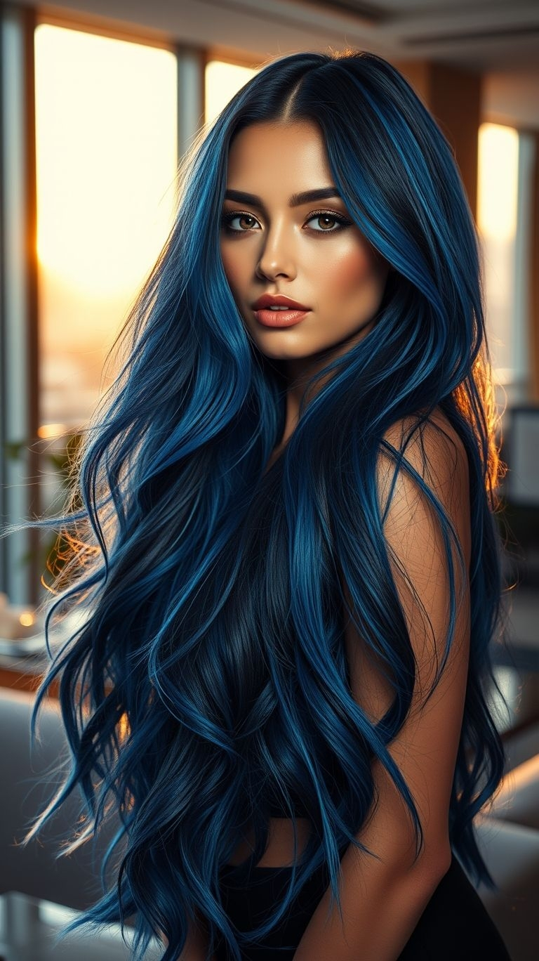 Dive into vibrant hair goals with long locks in dazzling blue shades. A look that’s as bold as your personality!