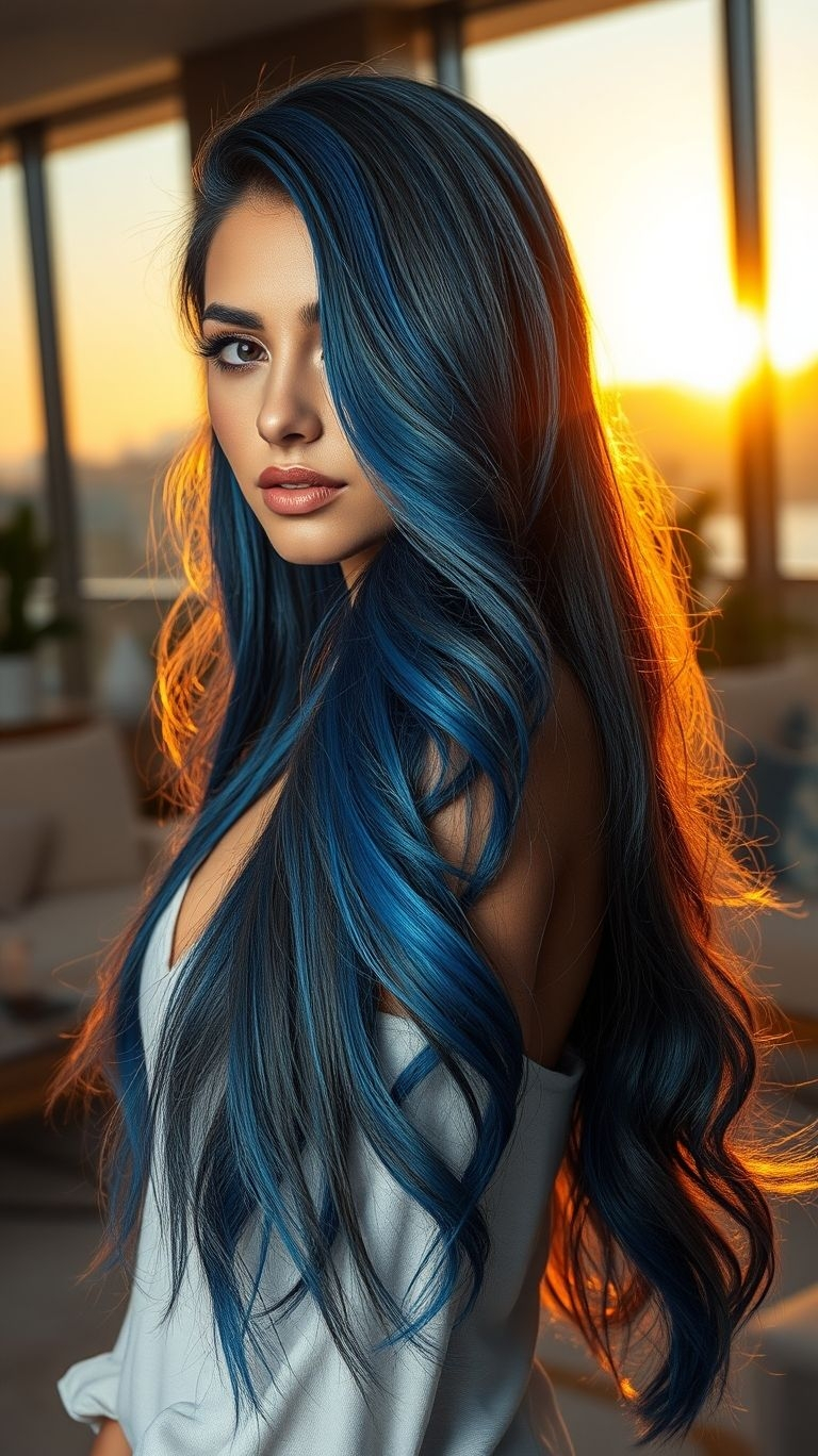 Why blend in when you can stand out? Long hair in brilliant blue hues is a bold choice for those who dare to be different.