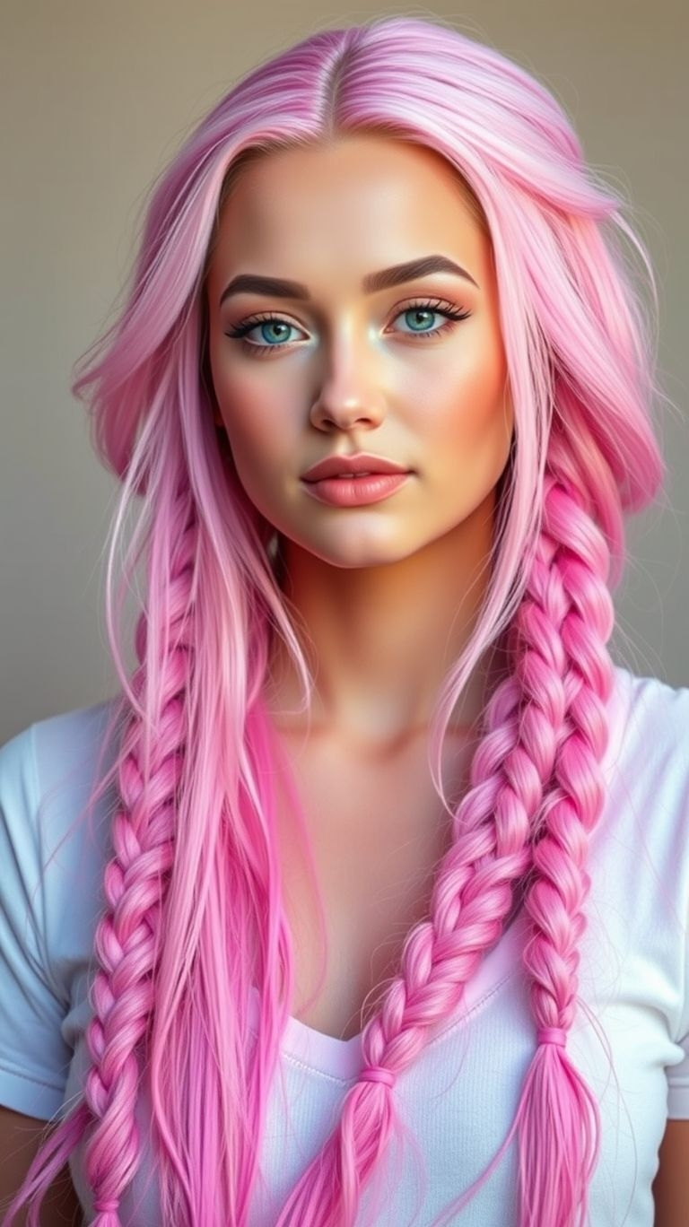 Bubblegum pink braids: because life’s too short for boring hair! Channel playful vibes with this vibrant and chic look.
