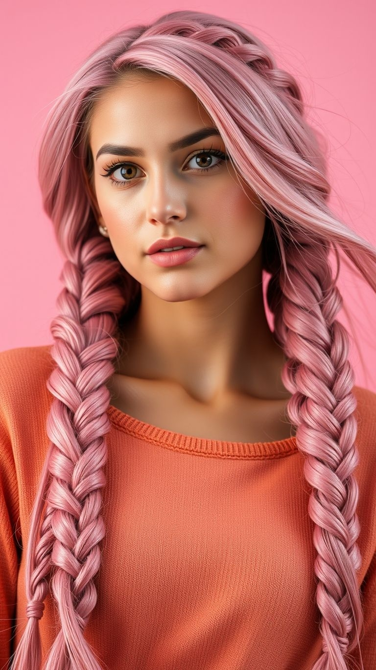 Bubblegum pink braids bring the perfect mix of cute and edgy! A fresh, trendy look that’s impossible to ignore.