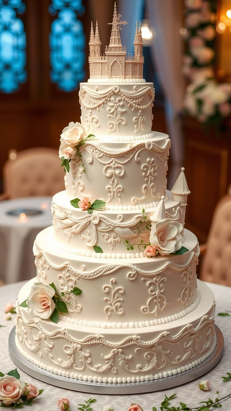 Make jaws drop with a castle-styled wedding cake! It’s the ultimate blend of sugar, romance, and architectural brilliance.