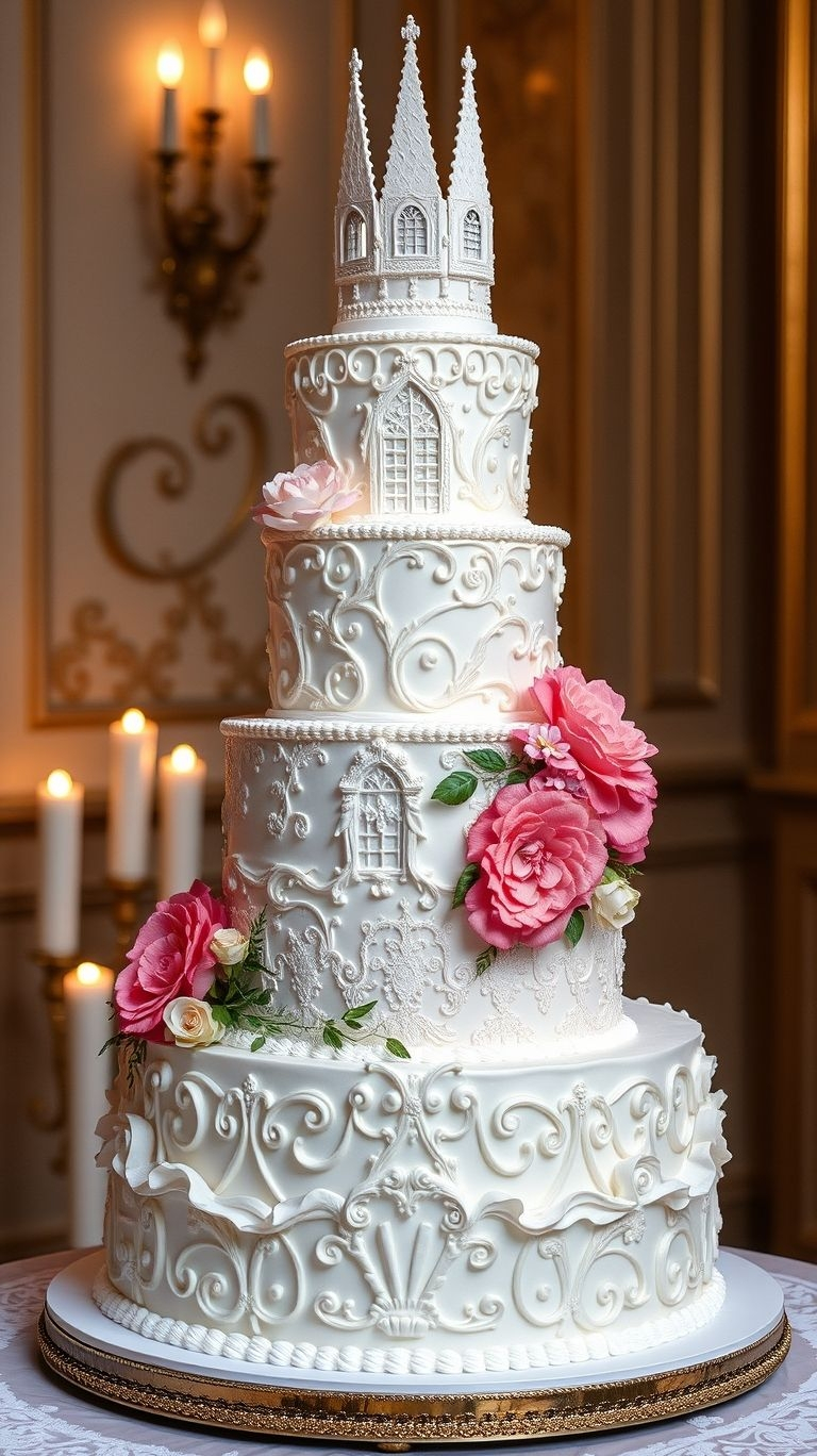 Say ‘I do’ to a castle-styled wedding cake! Perfect for couples who believe in magic, love, and show-stopping desserts.