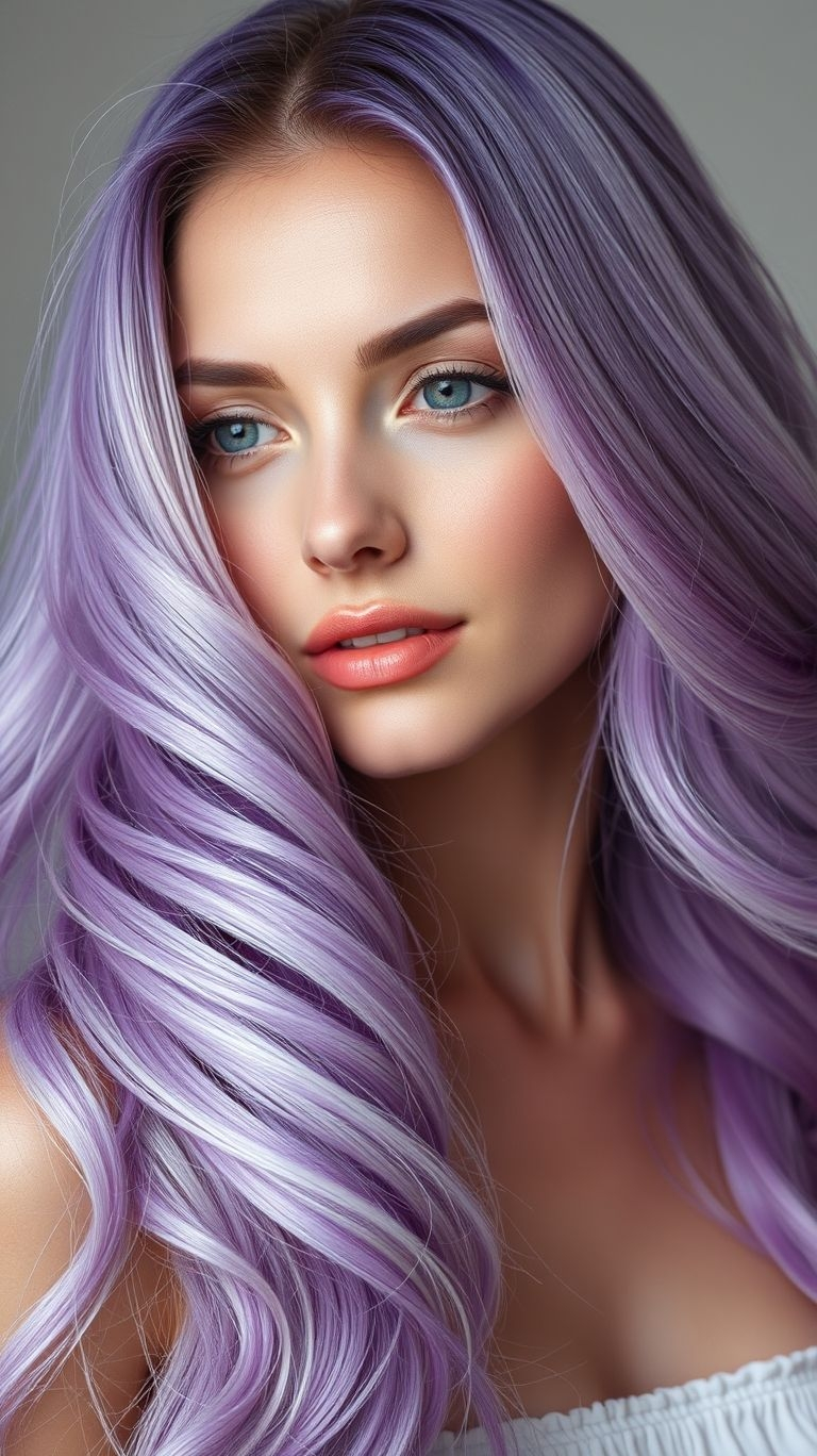 Think soft yet striking with lavender long hair! This pastel hue adds a touch of gentle drama to your everyday style.