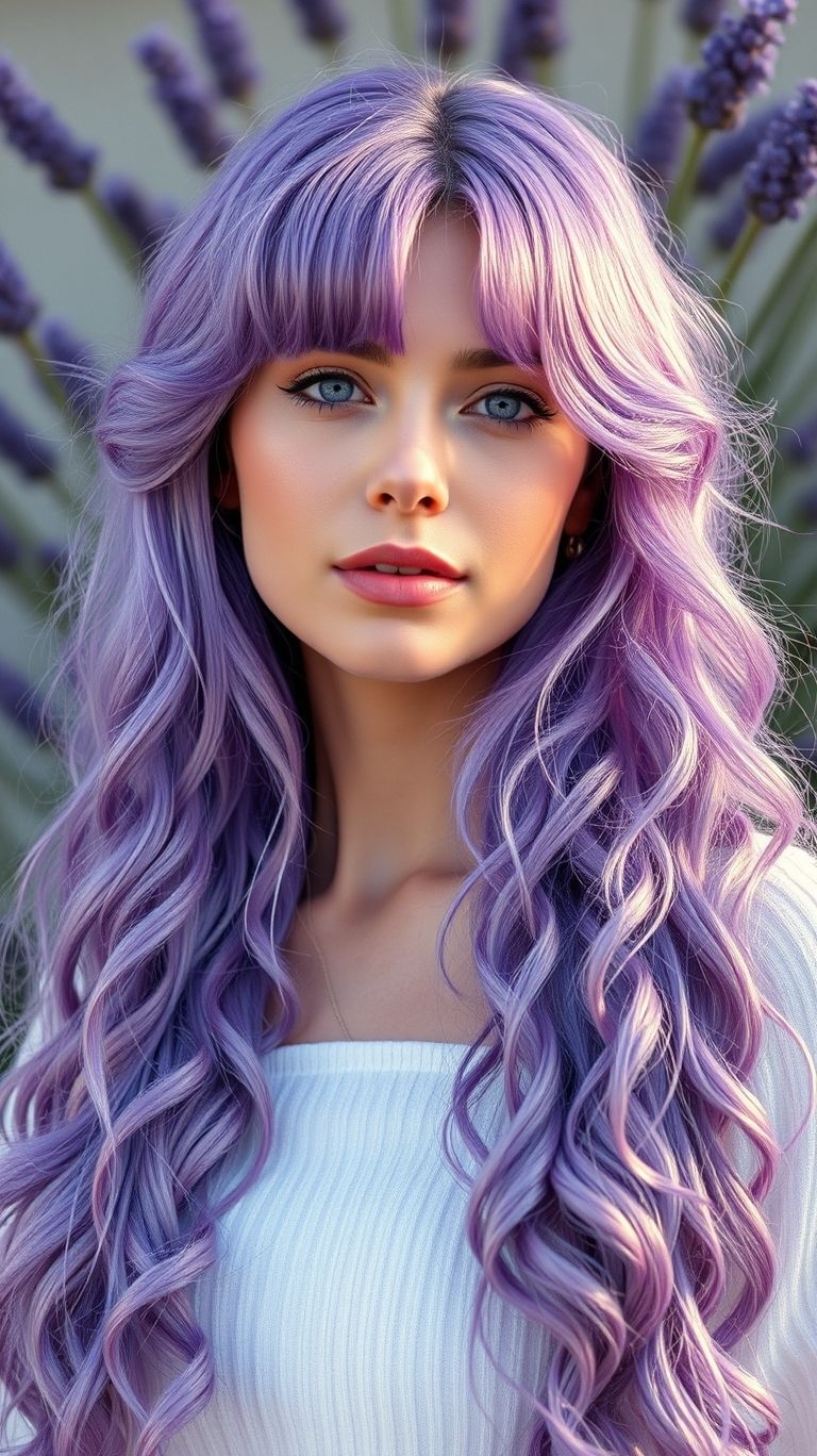 Soft pastels meet striking elegance in lavender long hair! A captivating hue for bold beauties and dreamers alike.