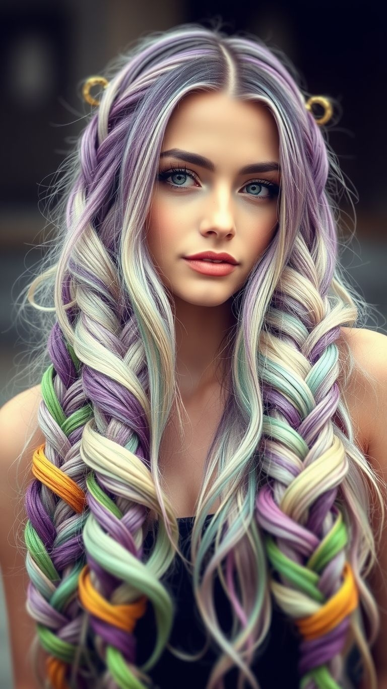 Why settle for one stunning color when you can have three? Lavender, mint, and silver braids are the ultimate dream combo for a whimsical yet chic look.