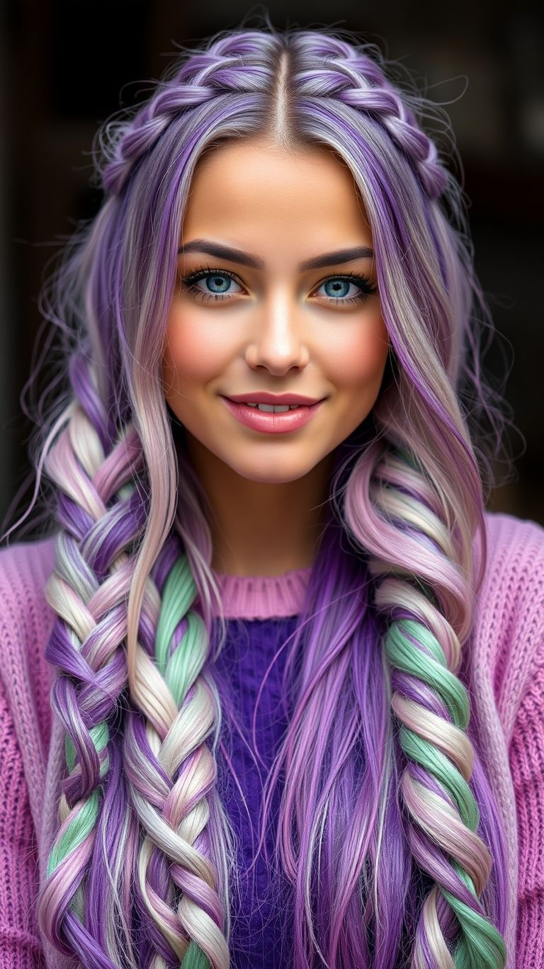 Make your hairstyle a masterpiece with lavender mint and silver braids! A cool-toned blend that’s equal parts dreamy and daring.