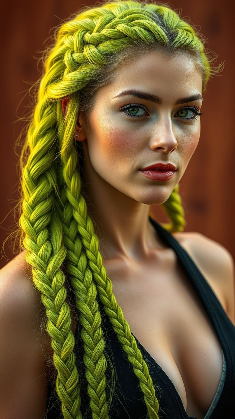 Turn up the brightness with neon green braids! A hair trend that’s fierce, fresh, and full of energy.