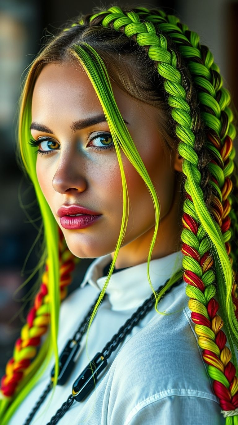 Radiate bold confidence with neon green braids! A vibrant choice that’s sure to make you the center of attention.