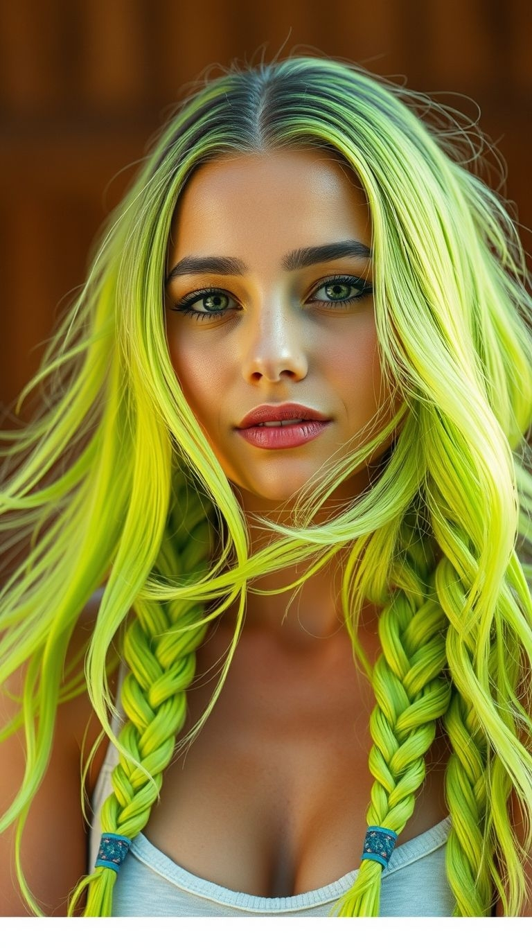 Turn your locks into a vibrant masterpiece with neon green braids! A daring pop of color that guarantees all eyes on you.