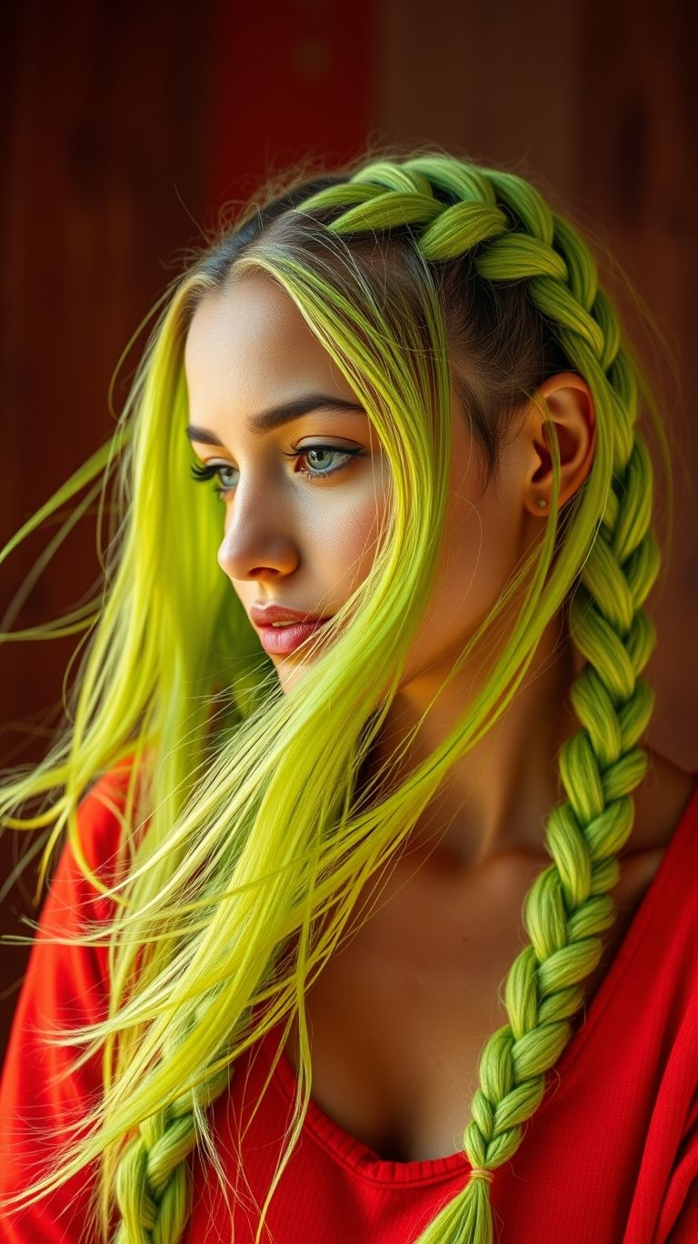 Get ready to shine bright with neon green braids! This electrifying look takes bold hair trends to a whole new level.
