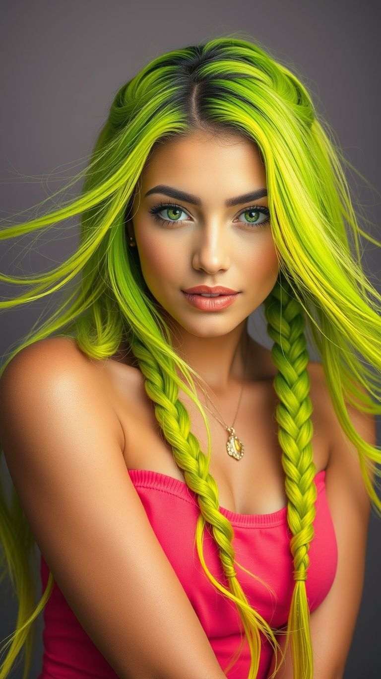 Neon green braids are pure hair envy! Vibrant, daring, and packed with attitude, they’re perfect for making waves wherever you go.
