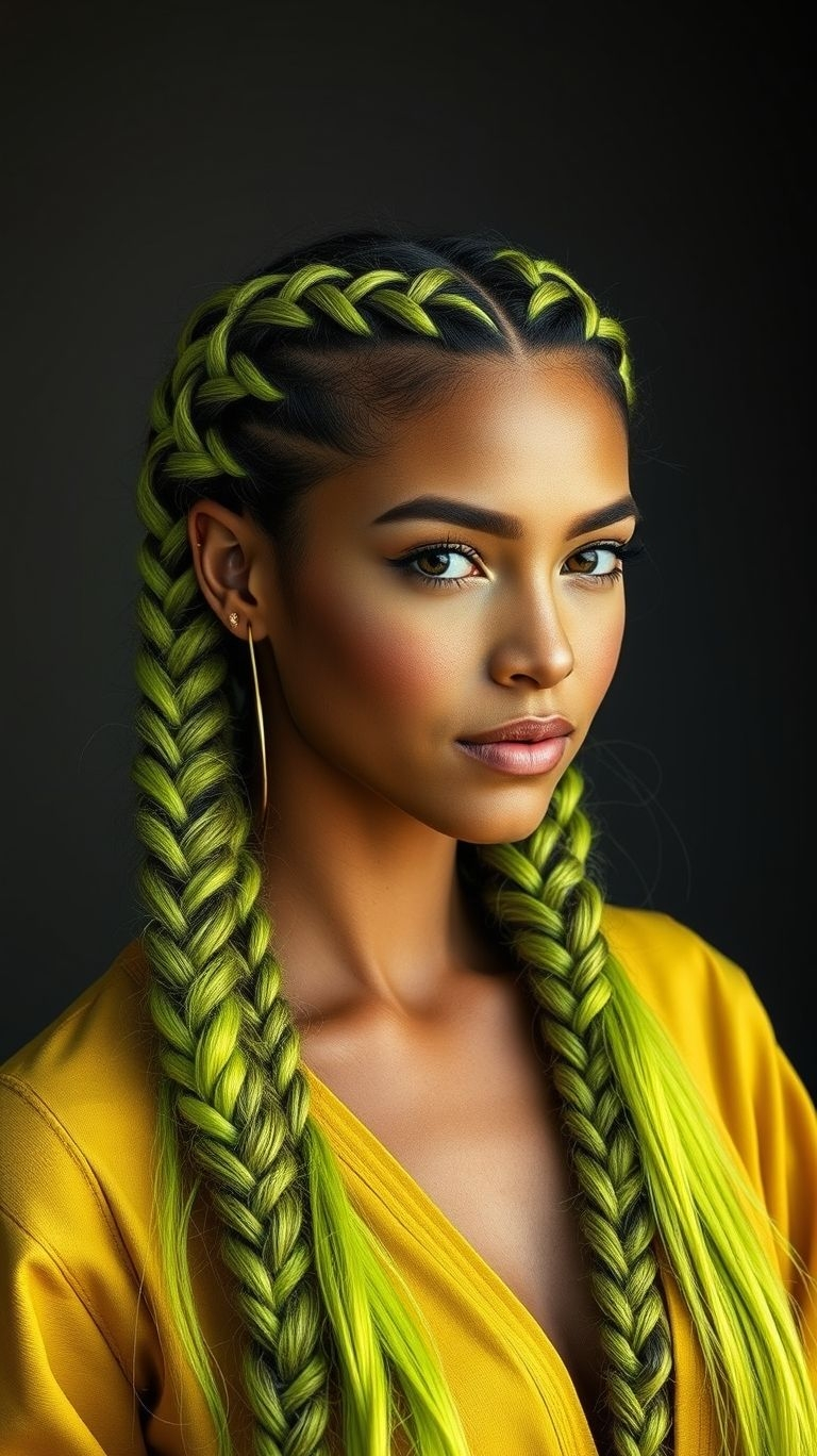Glow up your hair game with neon green braids! A fun and fearless look that’s impossible to ignore.