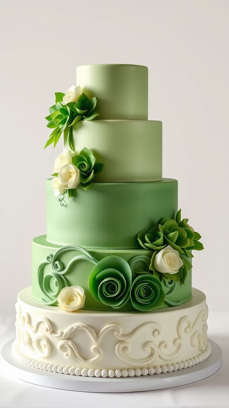 Say ‘I do’ to pastel green wedding cakes! Soft, refreshing hues meet intricate designs for a dessert centerpiece that wows.