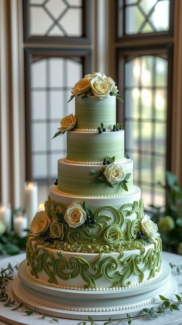 Pastel green cakes that are as serene as they are stunning. A perfect slice of elegance for your unforgettable day!