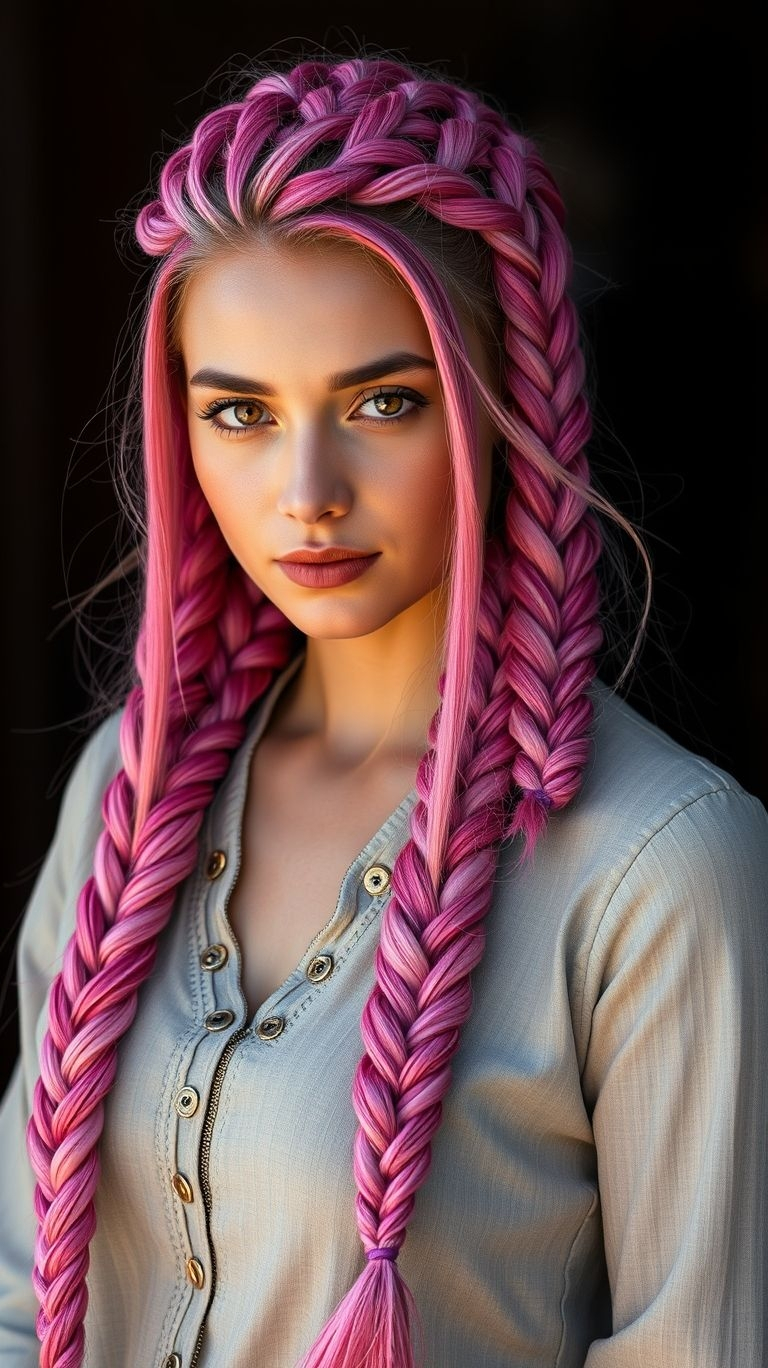 Add a splash of fun to your look with pink braids! Bright, bold, and effortlessly charming for any occasion.