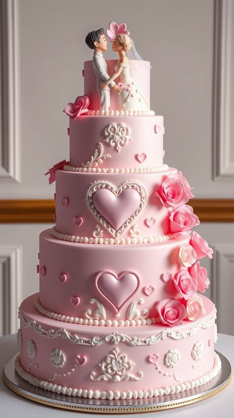 Say ‘I love you’ with every slice! These pink wedding cakes with hearts and roses are perfect for adding a dreamy touch to your big day.