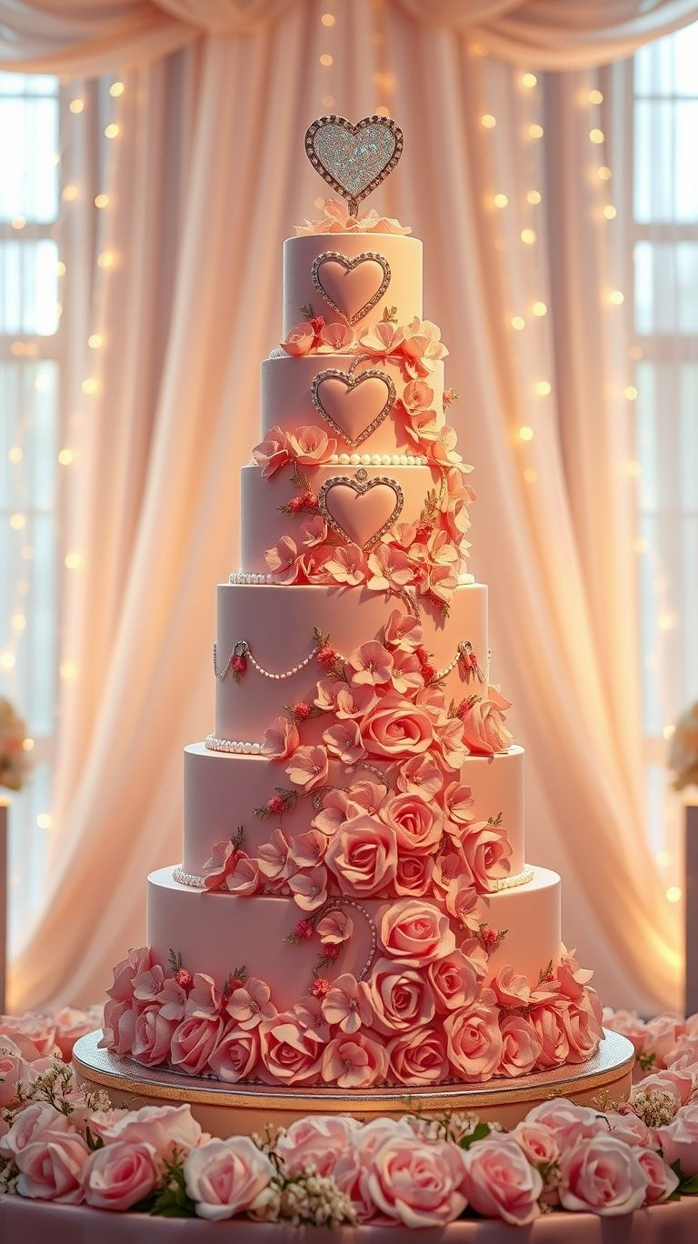 Pink perfection meets romantic elegance with hearts and roses. These wedding cake inspirations are love at first bite!