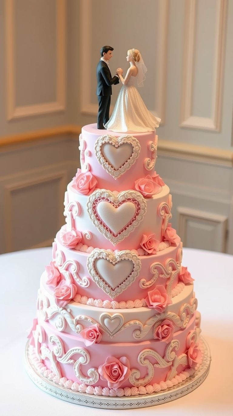 Turn your cake into the centerpiece of your love story! Pink with hearts and roses adds a whimsical charm to any wedding.