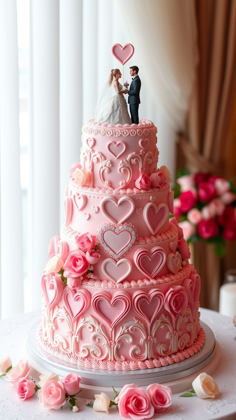 Nothing says romance like pink, hearts, and roses. These wedding cakes are designed to make your big day extra magical!