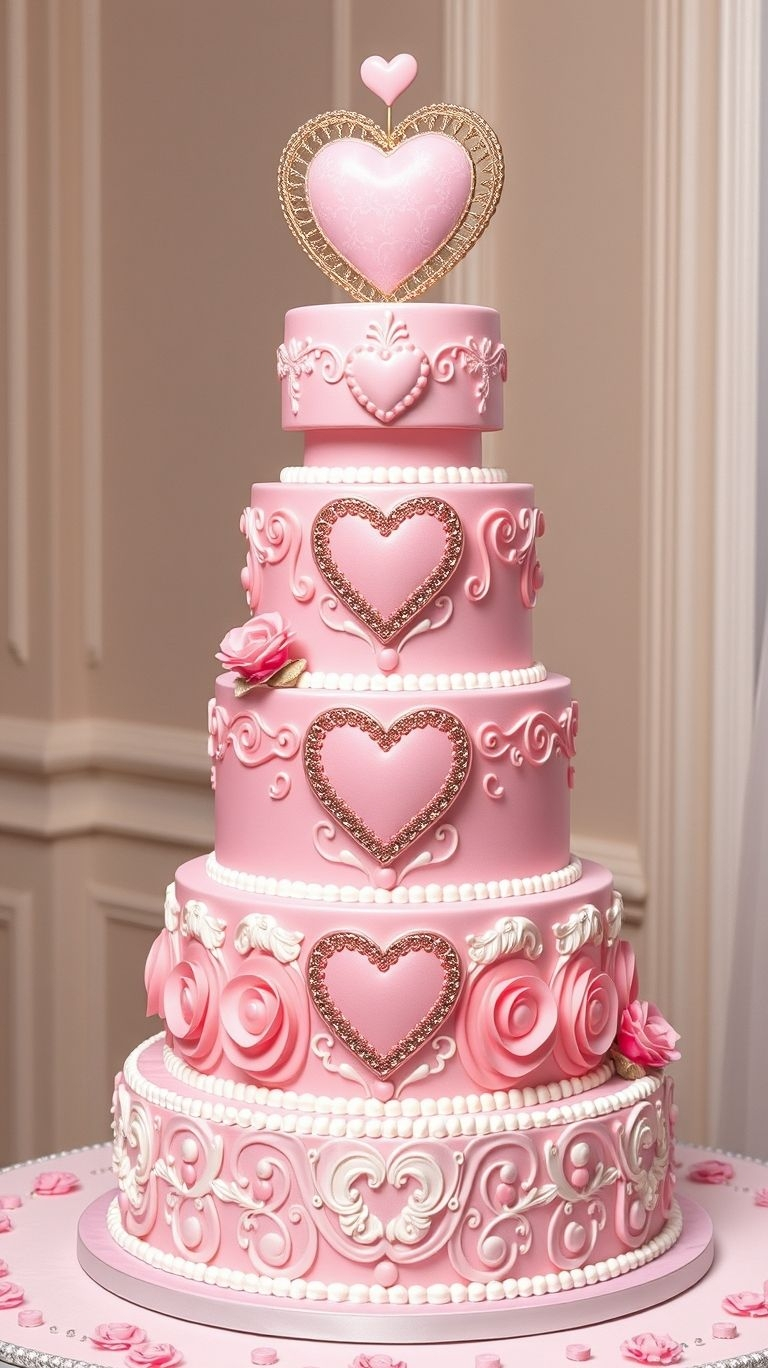 Blush pink wedding cakes with hearts and roses—because your love deserves a dessert as enchanting as your happily ever after.