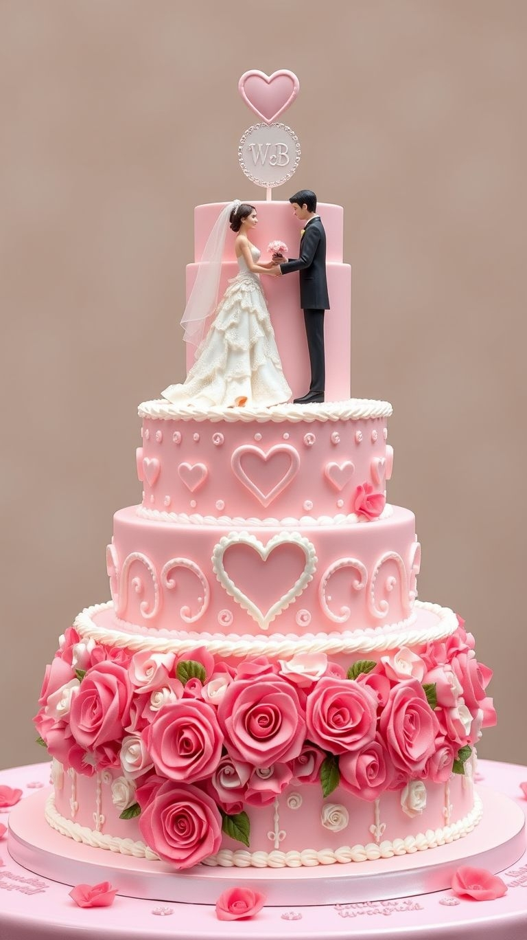 Celebrate your fairytale with pink wedding cakes decorated with hearts and roses. A sweet reminder of love and elegance!