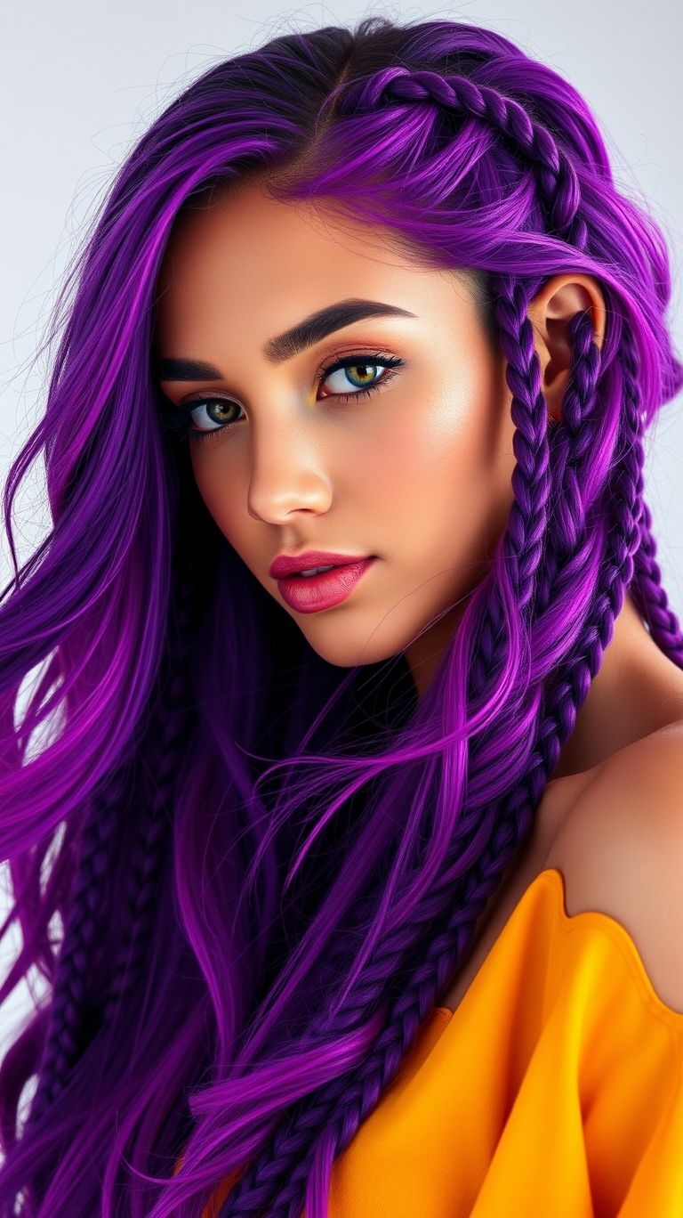 Why choose one color when you can have two? Purple-green braids combine whimsical charm with bold energy for a look that’s truly unforgettable.